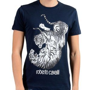 Roberto Cavalli Mens Blue Graphic Fighting T-Shirt